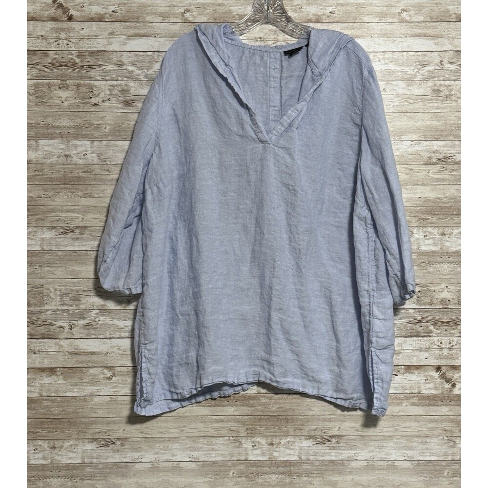 Tahari Linen Hooded Top Blue Lightweight Coastal Lagenlook 3/4 Sleeve Sz 2X